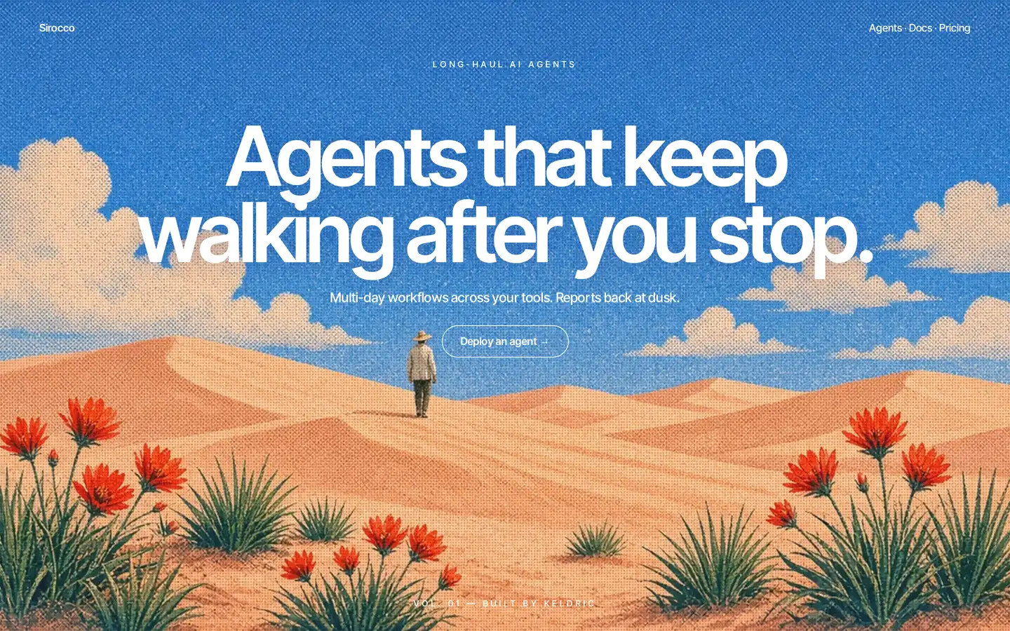 Mockup av landningssidan Sirocco med rubriken Agents that keep walking after you stop, över sanddyner och röda blommor under blå himmel